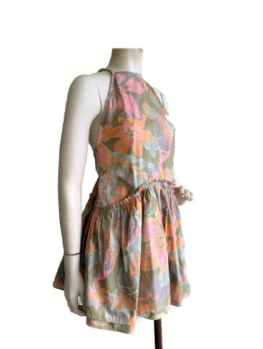 Free People Butterfly Print Pastel Multicolor Halter Dress with Rope Tie